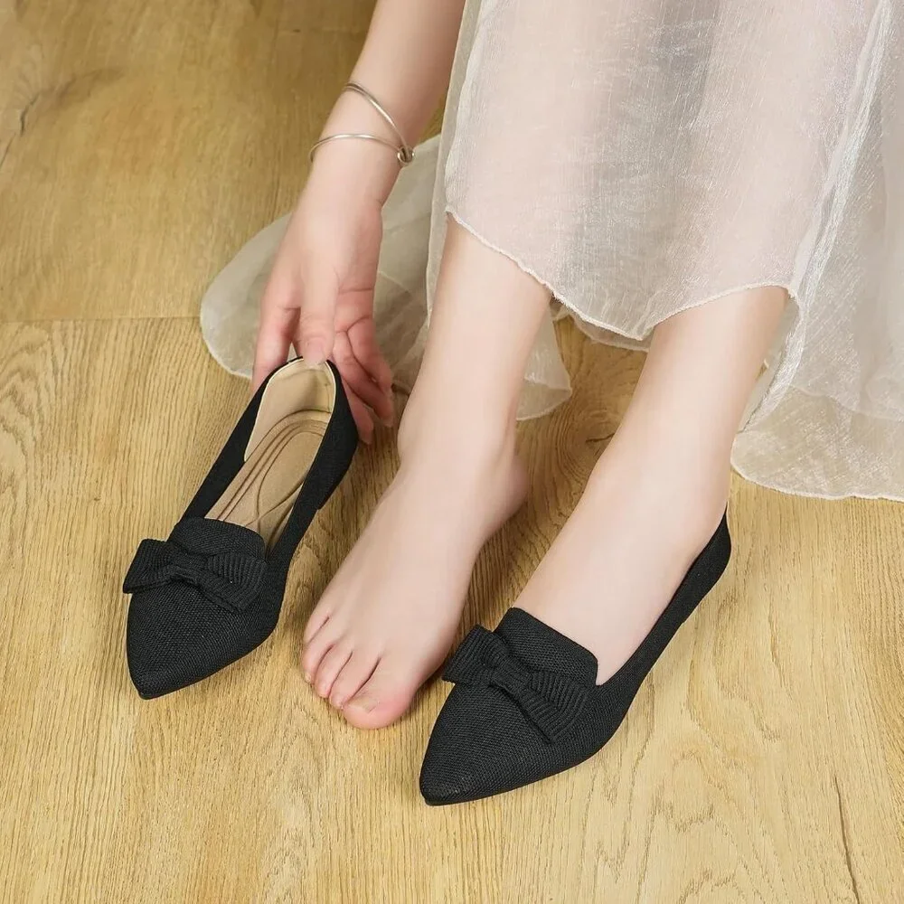 Women Black Pointed Toe Dressy Comfortable Knit Breathable Mesh Ballet Flats